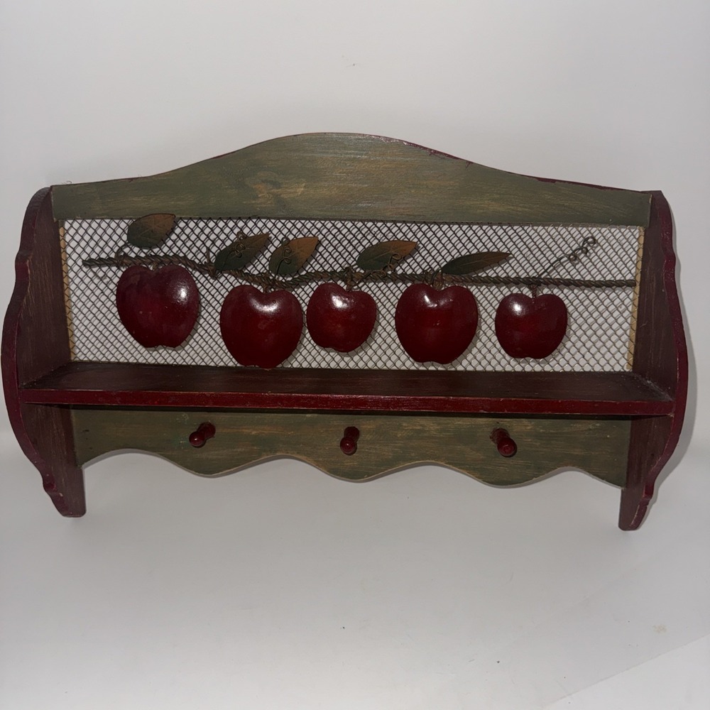 Vintage Ganz Distressed Wood Red Metal Apple Shelf w 3 Hanging Pegs Wire Mesh